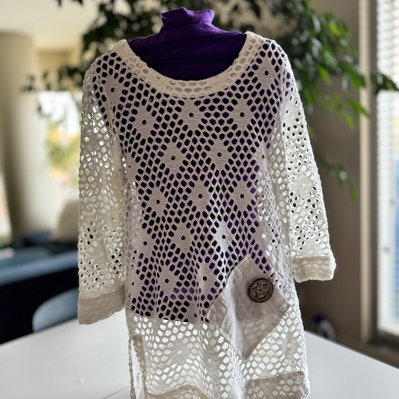 Open-Knit Crochet Tunic / Beach Cover-Up by Kaktus, White Small Boho Coastal - Picture 3 of 7